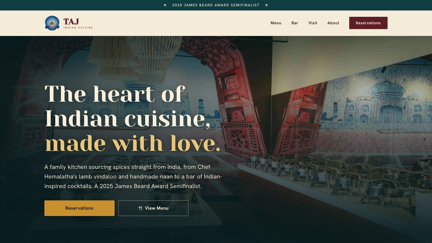 Taj Indian Cuisine website